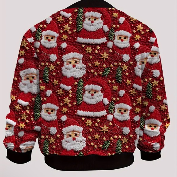 270. Christmas Santa Claus Print Casual Short Zip-Up Bomber Jacket with Knit - Picture 3 of 3